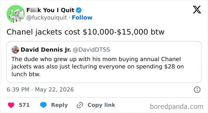 Tweet highlighting the high cost of Chanel jackets compared to lunch expenses
