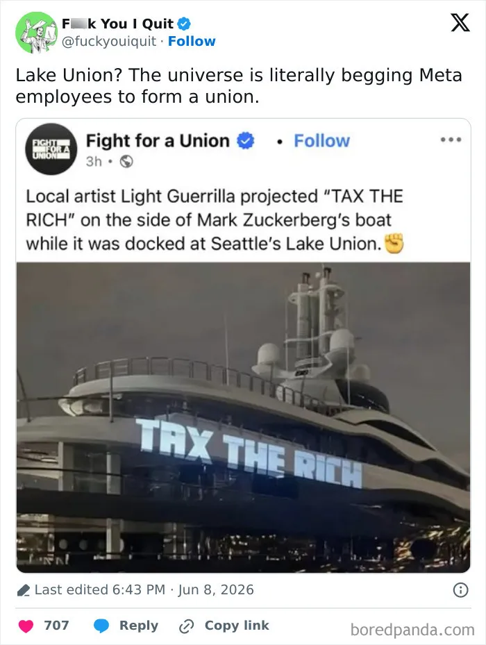 Projection of Tax The Rich message on Mark Zuckerberg's boat at Seattle's Lake Union
