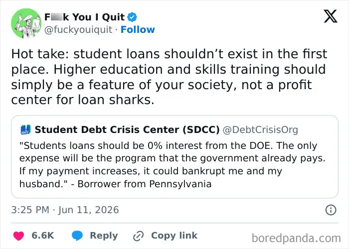 Tweet discussing student loans and debt crisis with call for education reform