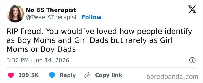 Relatable memes text post about Freud, boy moms, and girl dads