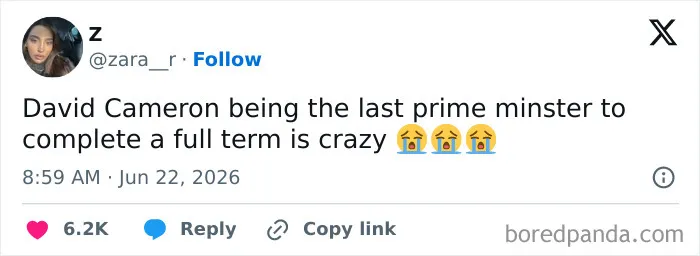 A tweet about UK politics for a post containing memes about being British.