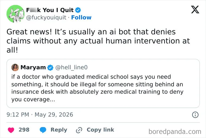 Tweet criticizing AI bots denying medical claims without human intervention