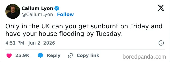 Funny tweet highlighting unpredictable weather in the UK, shared in memes about being British