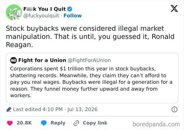 Tweet on stock buybacks and market manipulation linked to Ronald Reagan with union fight context