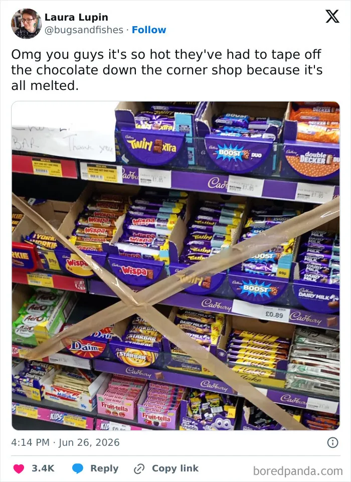 A post about heatwave problems in a corner shop, perfect for memes about being British.