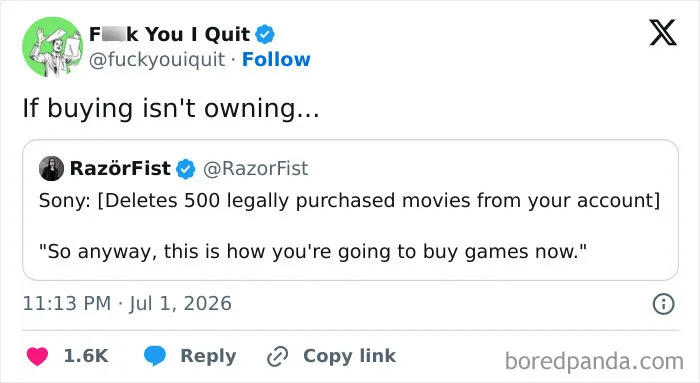 Tweet discussing how deleting legally purchased movies affects game ownership