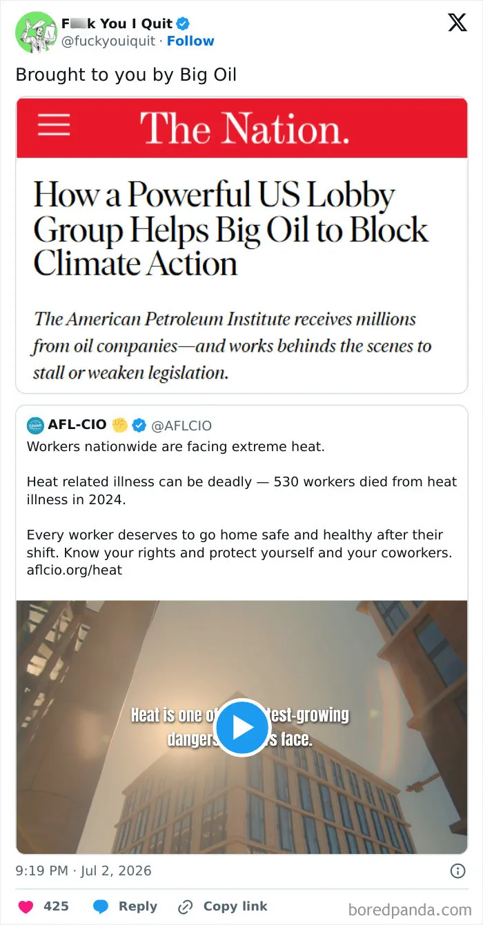 Tweet highlighting Big Oil lobby blocking climate action legislation