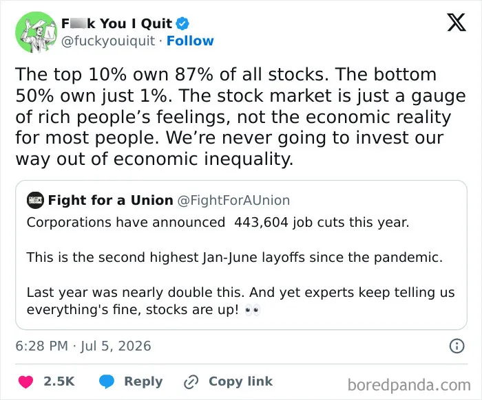 Tweet on stock market inequality despite high job cuts in 2026