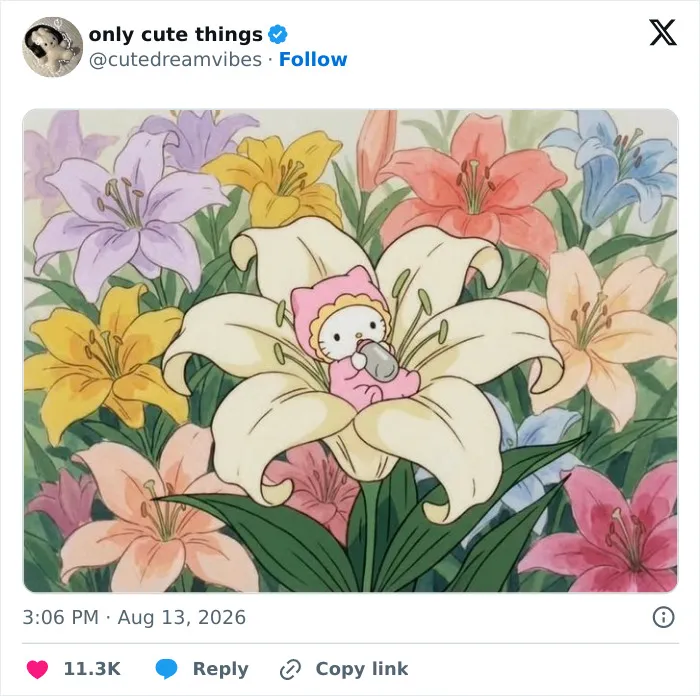 Cute character baby bottle feeding in a lily flower, adorable posts