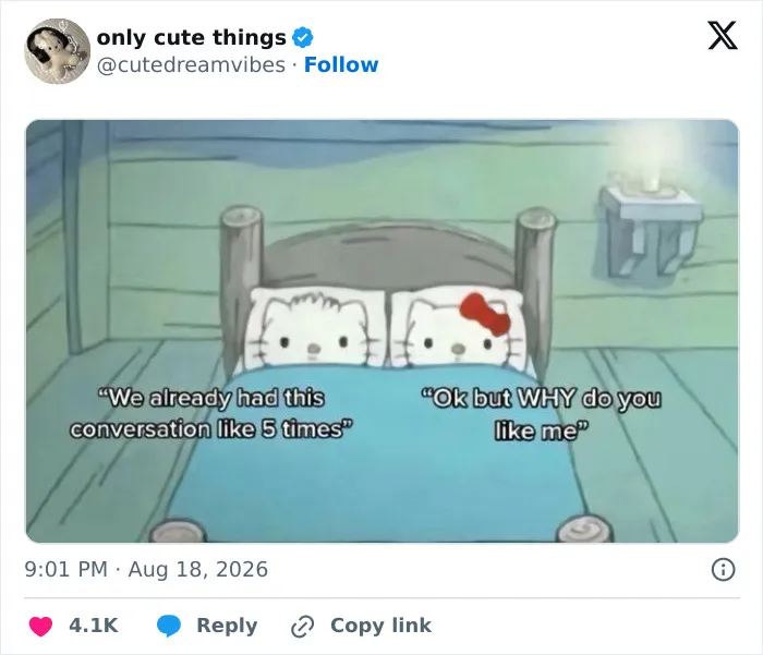Hello Kitty cartoon in bed with cute love conversation text