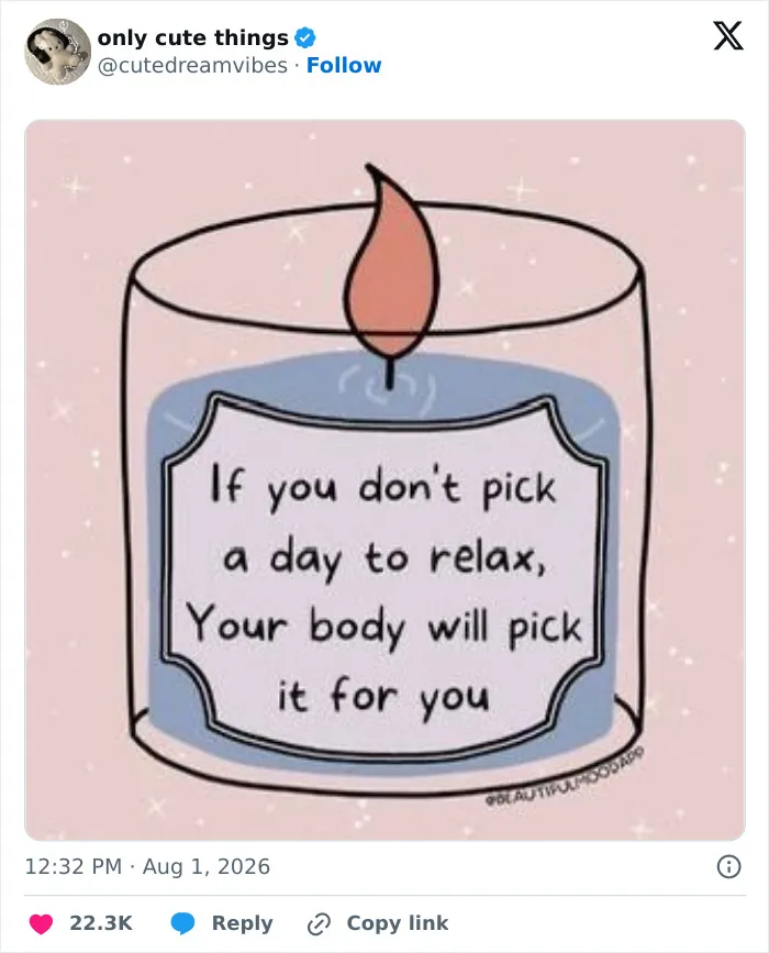 Illustration of candle with relaxation quote about self-care and rest