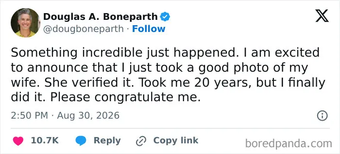 Amusing marriage tweets about taking a good photo of your wife after 20 years of trying.