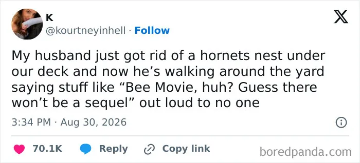 Humorous marriage tweets about a husband making jokes after removing a hornets nest