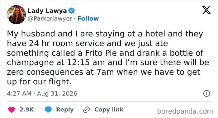 Funny marriage tweets about late night hotel room service and late flights.