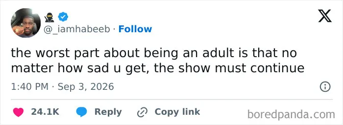 Tweet about the worst part of being an adult and emotional struggles