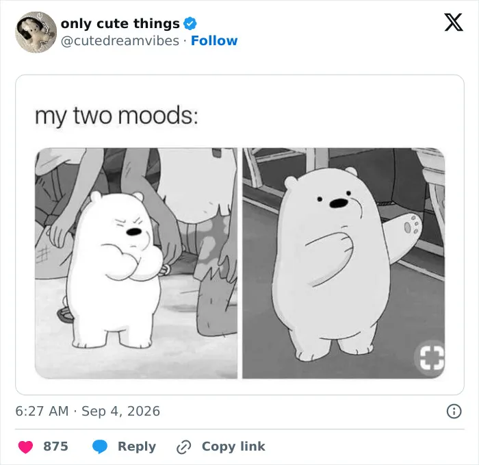 Cartoon showing two moods of a white bear expressing different emotions