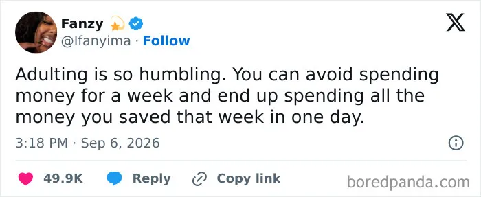 Humbling adulting meme about spending saved money quickly