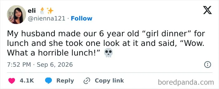 Humorous marriage tweets about a daughter complaining about her dad's girl dinner attempt.