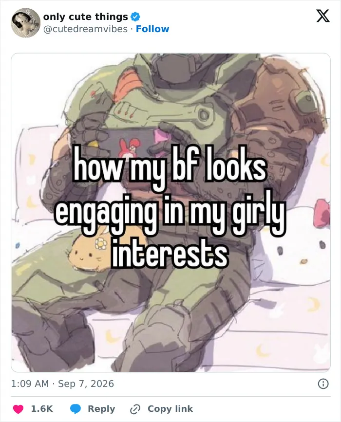 Drawing of armored figure embracing soft toys, illustrating engaging girly interests