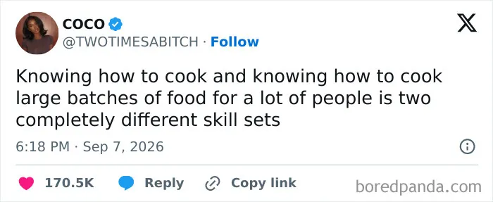 Adulting meme about cooking for large groups versus cooking skill