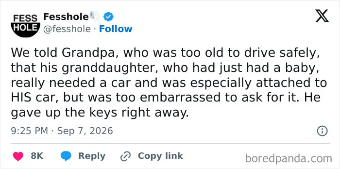 A social media post detailing anonymous confessions about convincing a grandfather to stop driving safely.