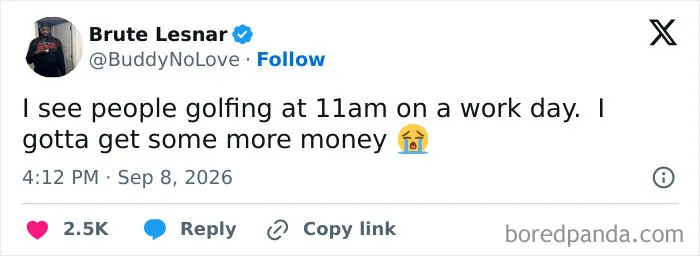 Tweet about seeing people golfing on a work day and wanting more money in adult life memes