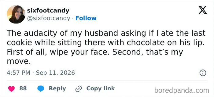 Relatable marriage tweets about accused cookie stealing and chocolate evidence.