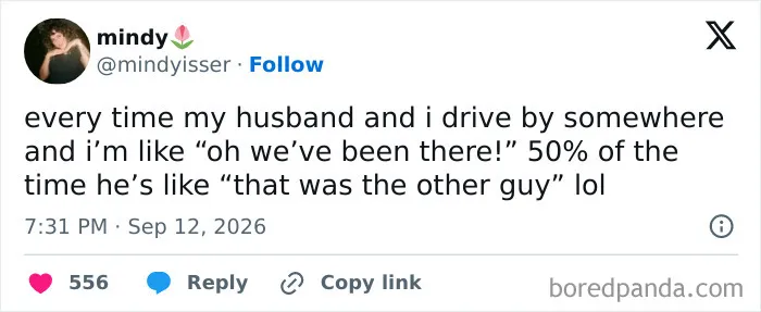 Amusing marriage tweets about a wife confusing places she visited with her husband vs an ex.