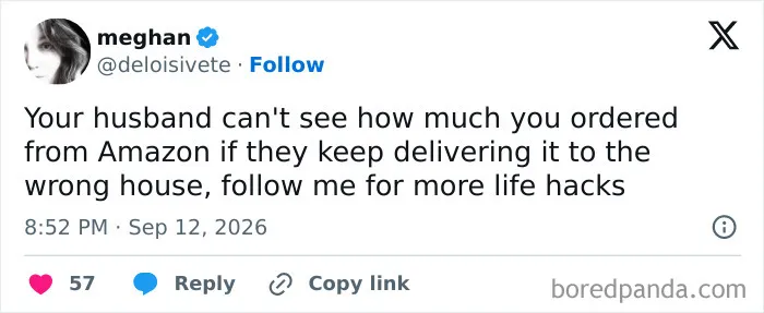 Witty marriage tweets about hiding Amazon deliveries and hilarious life hacks.