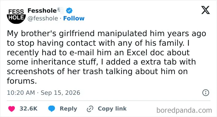 A post sharing anonymous confessions regarding a secret inheritance spreadsheet exposing a family situation.