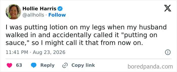 Funny marriage tweets about a husband hilariously calling body lotion putting on sauce