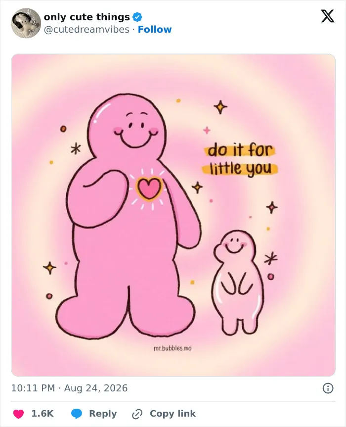 Pink cartoon figure with heart and motivational message adorable posts