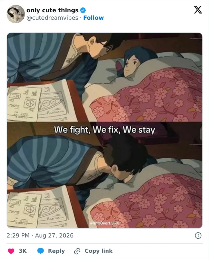 Anime-style couple with text about staying together in adorable posts