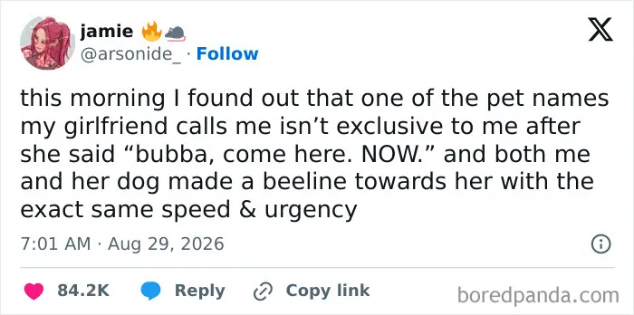 Funny relationship post among marriage tweets about sharing a pet name with the family dog.