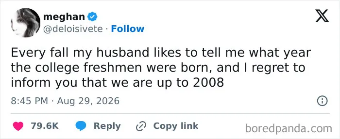 Amusing marriage tweets about feeling old when realizing what year college freshmen were born