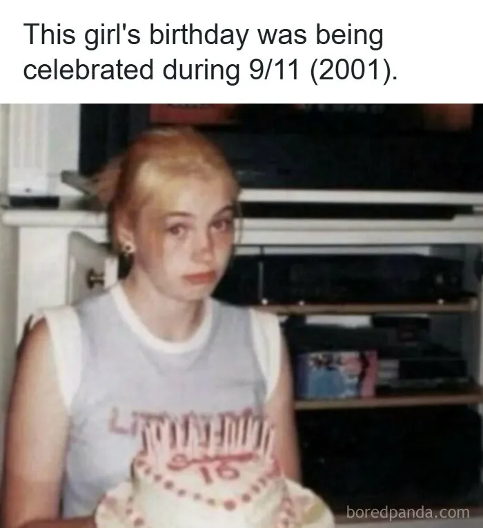 A teenage girl looking sad with her birthday cake on 9/11, highlighting creepy facts and news stories.