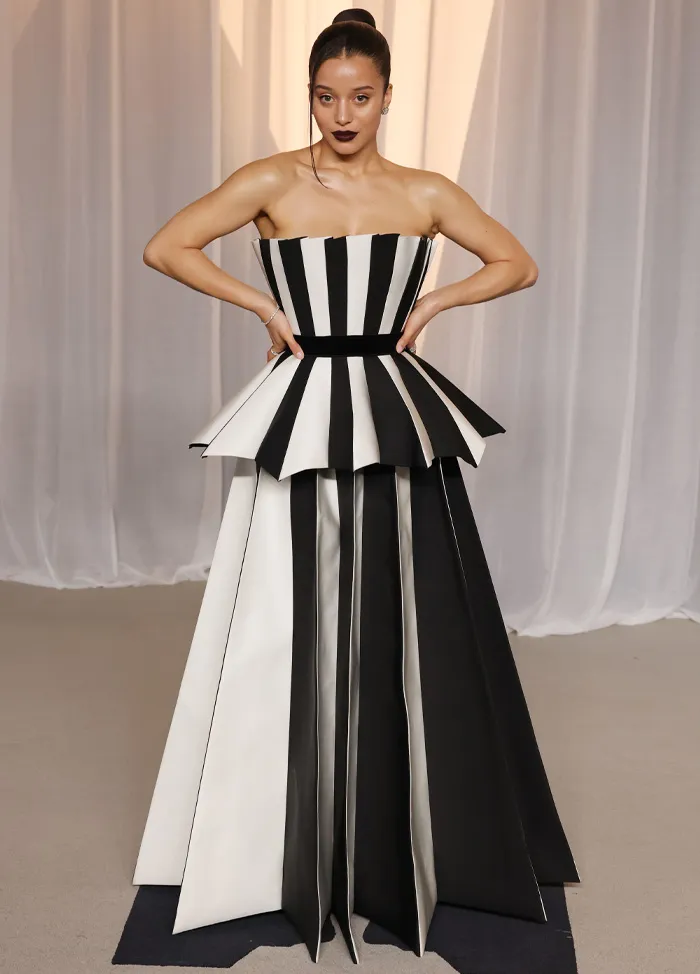 Black and white striped avant-garde gown at Academy Museum Gala