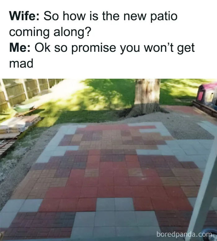 Patio pavers arranged to form a Mario figure representing funny cringe construction fails memes
