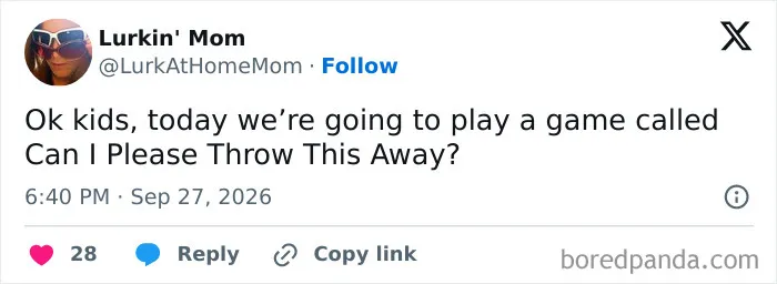 Funny parenting tweet about a mom playing a game with her kids to throw unwanted items away.