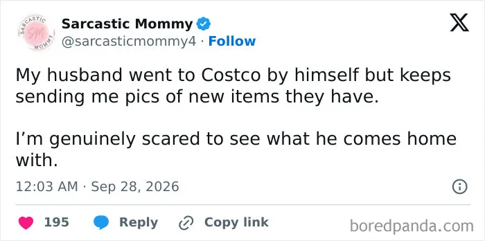 Funny marriage tweets about a husband texting photos while shopping alone at Costco.