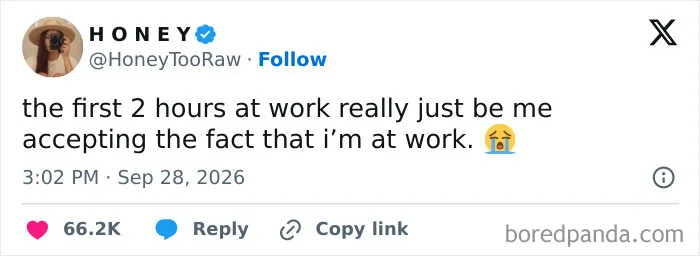 A funny post about starting the workday, perfect as one of many relatable work tweets.