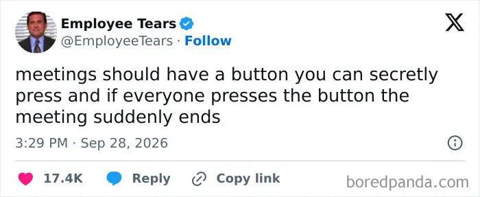 Humorous post about ending boring meetings, from a collection of work tweets