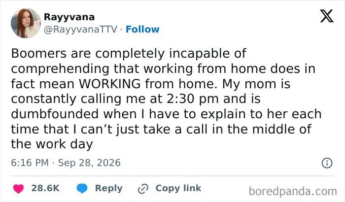 An ironic work tweet about the struggle of working from home with family members.