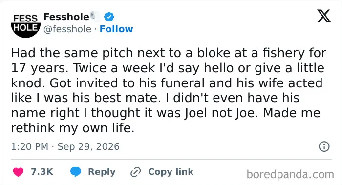 Anonymous confessions post about attending a fishing acquaintance's funeral and rethinking life.