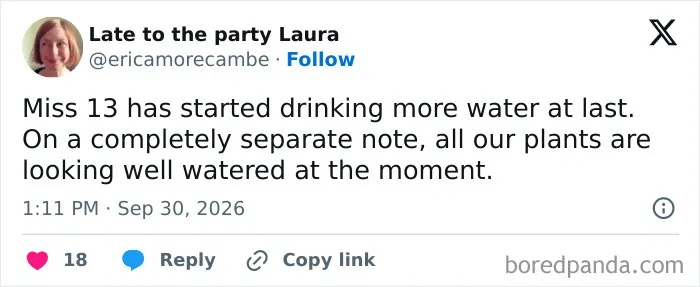 Humorous tweet about a teenager watering houseplants instead of drinking water, included in a post about parenting tweets.
