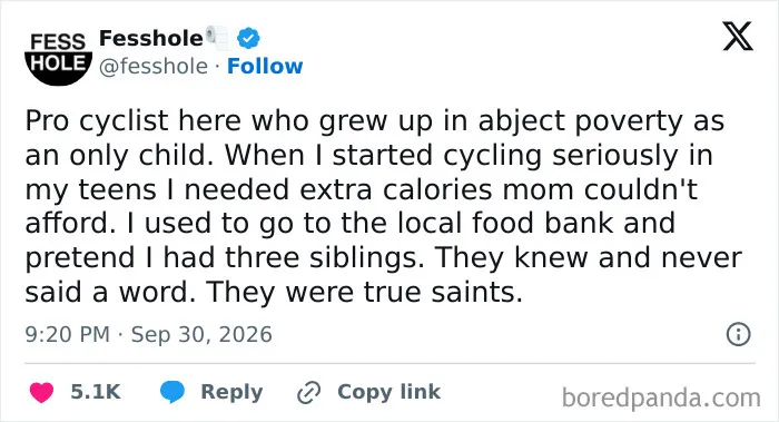 Anonymous confessions post about a cyclist lying to a food bank for extra calories in poverty.