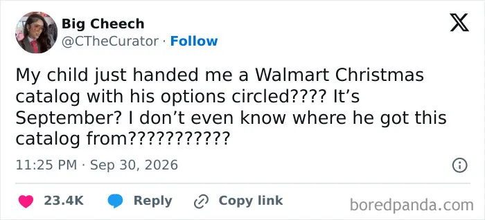 Hilarious entry in parenting tweets about a child circling items in an early holiday catalog.