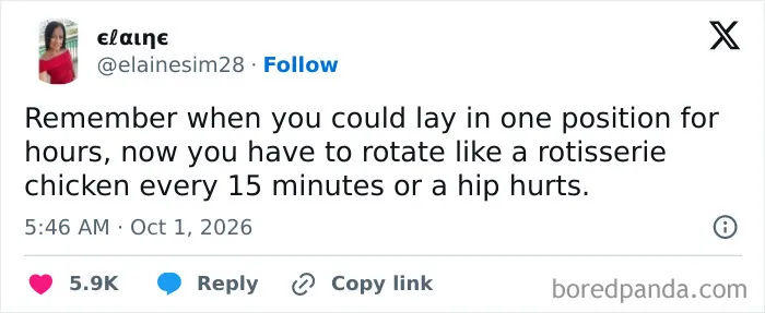 Funny meme about adult hip pain and rotating like a rotisserie chicken