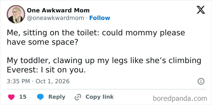 Parenting tweets post by One Awkward Mom about a toddler invading personal space.