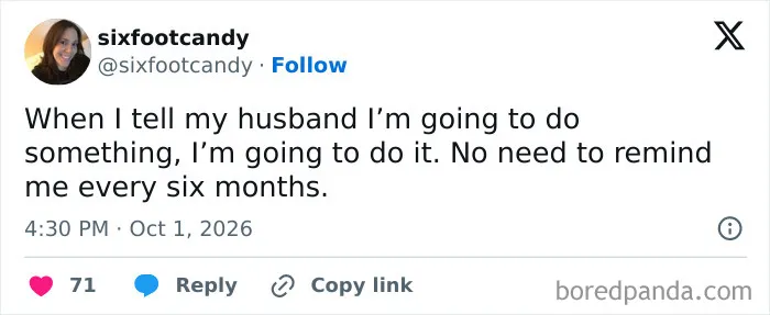 Relatable marriage tweets about a wife telling her husband not to remind her to do a task